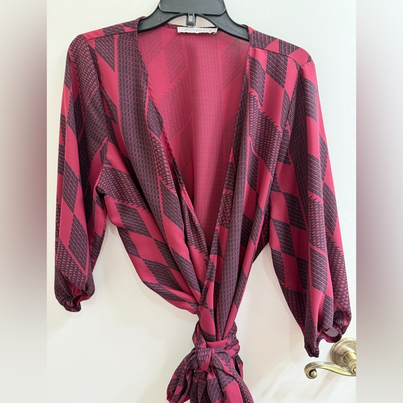 Manaola Tops - Manaola Sheer Maroon and Black Tie-Front Blouse